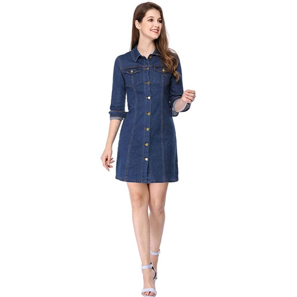 Women Denim Mini Dress Size S Blue 3/4 Sleeve Collared Stretch Buttons Front